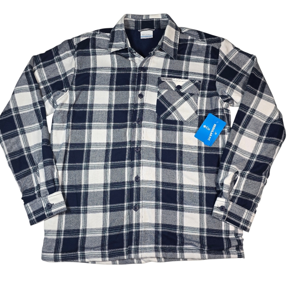NWT Columbia Men's Hill View Shirt Jacket, Navy White Plaid Buttons Fleece, Sz S